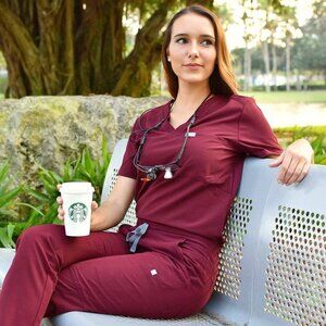 NWT Figs Burgundy set. Catarina top, High waisted Yola pans. S Small